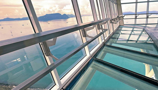 See the view from slanted windows at Sky Deck