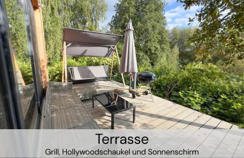 TinyHousebeiDresden mit Faßsauna unser größtes winziges Häuschen für bis zu 7 Personen, Kaminofen, große Terrasse - Nähe Sächsische Schweiz - Von Juni - September Mindestmietzeit 1 Woche Sa-Sa - Foto 21