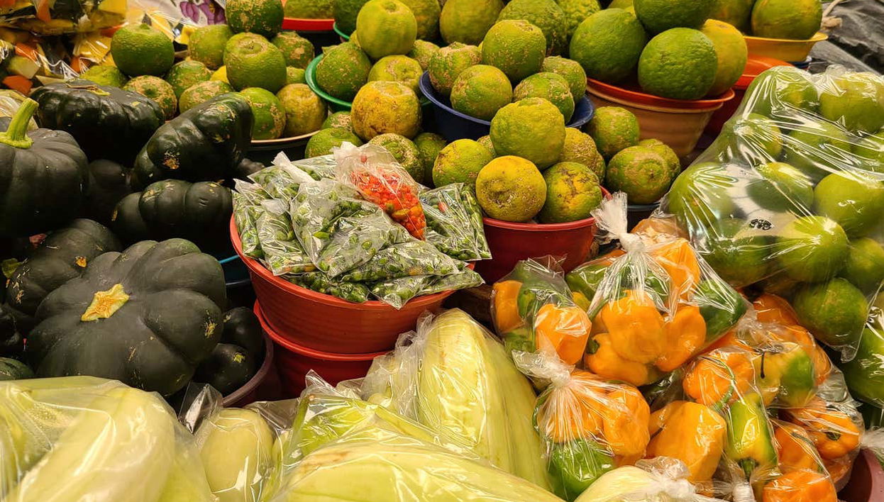 Look at the wide variety of fruit and vegetables at the market