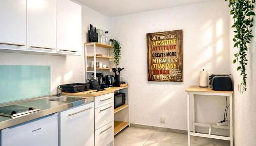 STN Business Suite - Ferienwohnung mit Parkplatz & Balkon, Terrasse & Fußbodenheizung, Netflix Premium, Zentral zu Audi & Schwarz Gruppe - Foto 5, stove, toaster
