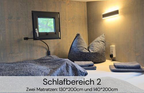TinyHousebeiDresden mit Faßsauna unser größtes winziges Häuschen für bis zu 7 Personen, Kaminofen, große Terrasse - Nähe Sächsische Schweiz - Von Juni - September Mindestmietzeit 1 Woche Sa-Sa - Foto 17