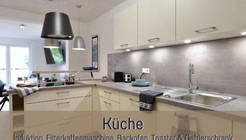 Ferienhaus Höckelheim - FeWo Blaue Lagune - neu, modern & geräumig - 100 qm - 3 Schlafzimmer - bis 6 Gäste, Babies reisen gratis - Garten, Grill & Terrasse - Fußbodenheizung - Smart-TV - Küche mit Backofen, Spülmaschine & Toaster - nahe Göttingen - Foto 5, stove, dishwasher, toaster