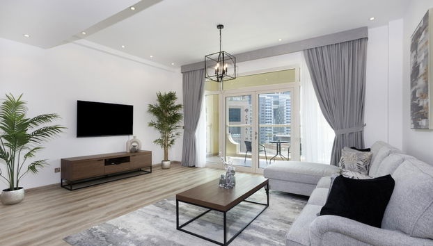 Luxe 1BR w Palm Skyline View Easy Mall Access - Foto 3, Habitación