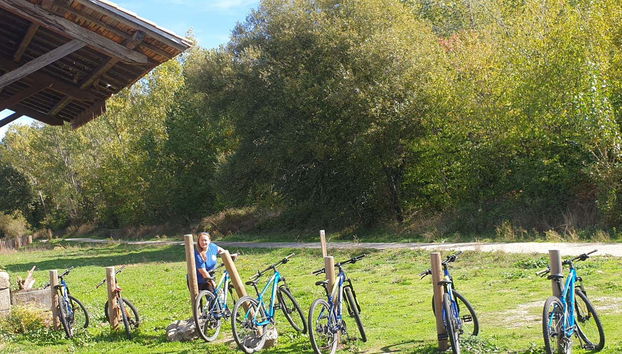 Bicicletas encostadas nos postes de madeira