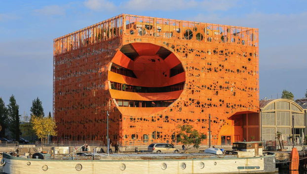 Spot modern architecture at the river confluence!