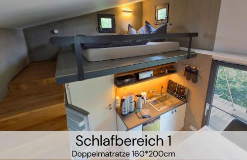 TinyHousebeiDresden mit Faßsauna unser größtes winziges Häuschen für bis zu 7 Personen, Kaminofen, große Terrasse - Nähe Sächsische Schweiz - Von Juni - September Mindestmietzeit 1 Woche Sa-Sa - Foto 15