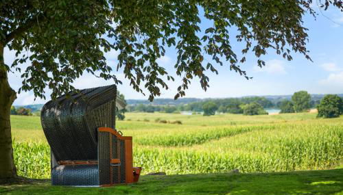 GUT KLETKAMP "Finkenhaus" - Idyllisch freistehendes Landhaus mit 3 Schlafzimmern und fantastischem Ausblick I 8 Personen I Offener Kamin I Garten I Wintergarten I Große Terrasse I Ruhig am Waldrand I Parkplätze I WLAN - Foto 5, Garden, Garden view
