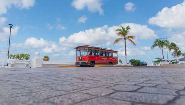 Enjoying the tram tour of Cozumel