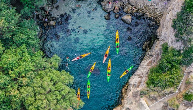 Aerial view of the kayaks on the waters of Sorrento