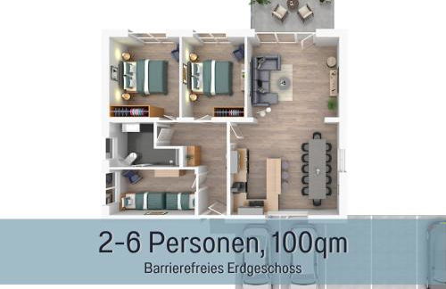 Ferienhaus Höckelheim - Savanna Lodge - barrierefrei - 3 Schlafzimmer-bis 6 Gäste - nahe Göttingen - 100 qm - Babies reisen gratis - Terrasse, Garten & Grill - vollausgestattete Küche mit Spülmaschine - Klimaanlage, Fußbodenheizung & Raffstores - Photo 3
