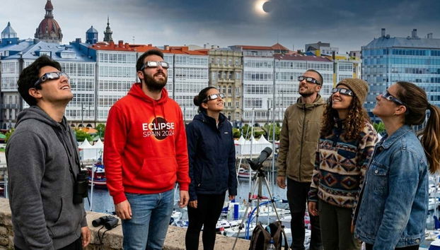Excursión para ver el eclipse solar 2026 - Foto 3, Grupo observando el eclipse