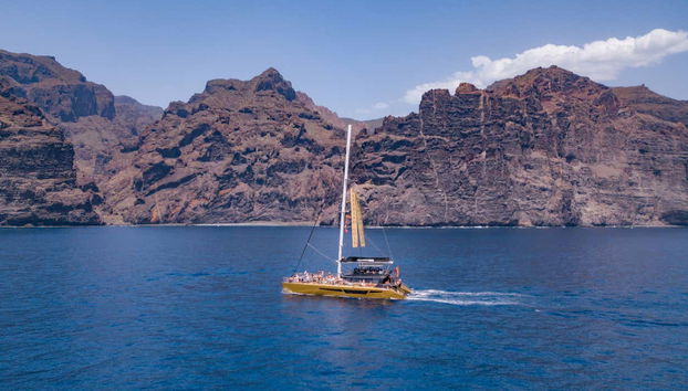 A catamaran sailing by the coast