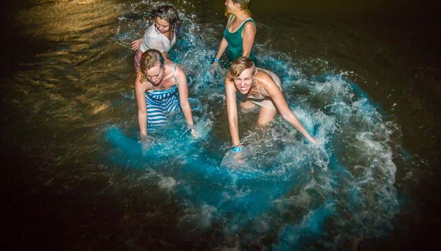 Un gruppo agita le mani in acqua per vedere il plancton luminoso
