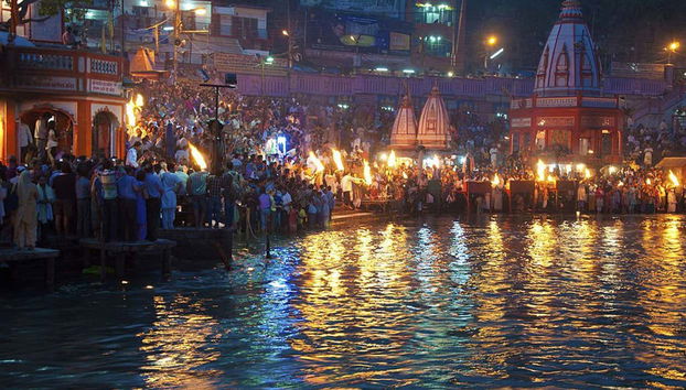 The town lit up at night
