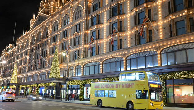 See Harrods lit up at night