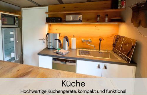 TinyHousebeiDresden mit Faßsauna unser größtes winziges Häuschen für bis zu 7 Personen, Kaminofen, große Terrasse - Nähe Sächsische Schweiz - Von Juni - September Mindestmietzeit 1 Woche Sa-Sa - Foto 6