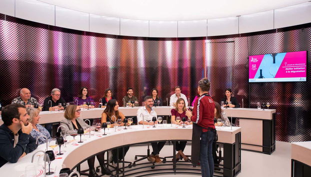 Escutando as explicações da especialista em vinhos