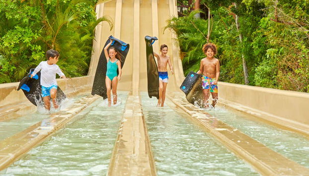 Quatro crianças depois de se lançarem pelos tobogãs de água