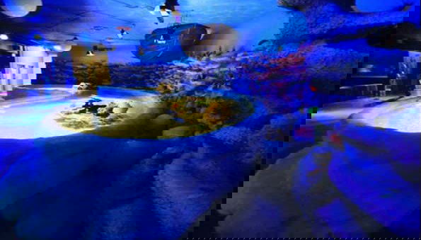 Admiring the amazing decorations inside the aquarium