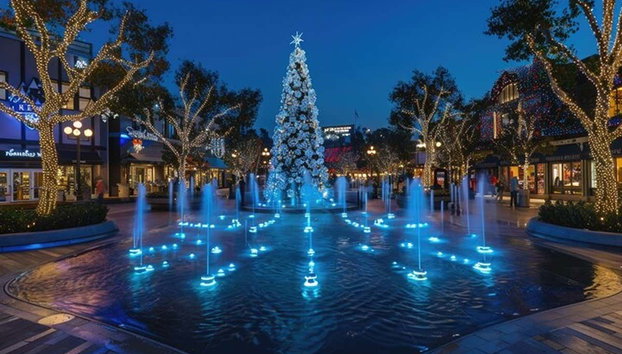 Autobús navideño de Los Ángeles - Foto 4, Juego de luces en una de las fuentes de Los Ángeles