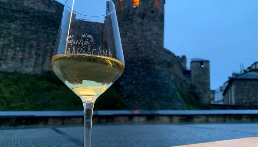 Un bicchiere di vino davanti al castello di Ponferrada